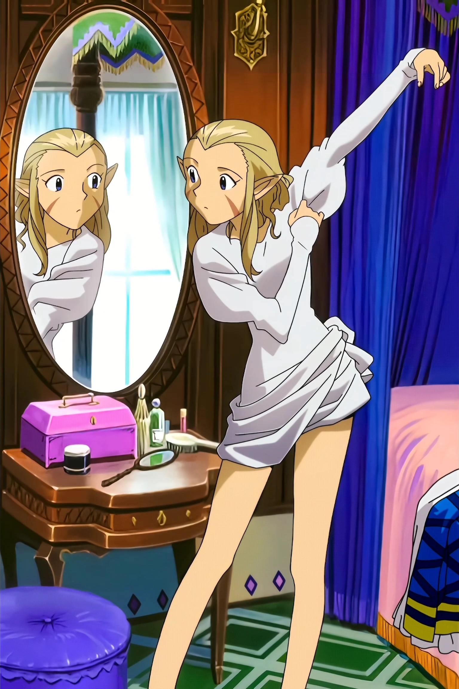 bed bedroom blonde_hair blush bromide dress facial_mark highres indoors jessica_de_alkirk long_legs looking_at_mirror lunar lunar:_the_silver_star mirror official_art pointy_ears reflection white_dress