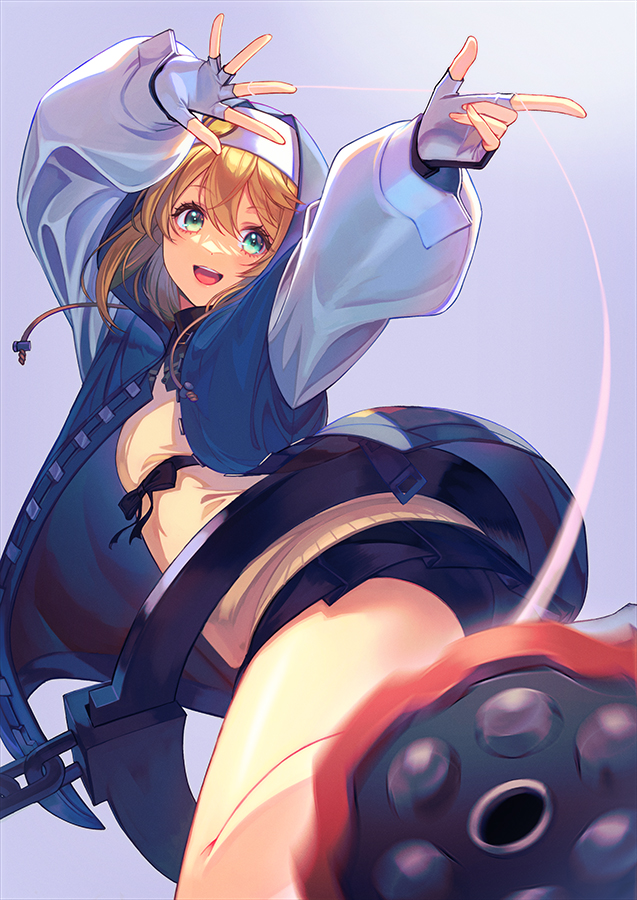 1boy :d androgyne_symbol arms_up ass bike_shorts black_ribbon black_skirt blonde_hair blue_jacket bridget_(guilty_gear) commentary cuffs drawstring fingerless_gloves gloves green_eyes grey_background guilty_gear guilty_gear_strive hair_between_eyes handcuffs hood hood_up hooded_jacket jacket long_hair long_sleeves looking_to_the_side male_focus open_clothes open_jacket open_mouth pleated_skirt ribbon shirt sidelocks simple_background skirt smile solo teeth trap unowen upper_teeth_only white_gloves yellow_shirt yo-yo