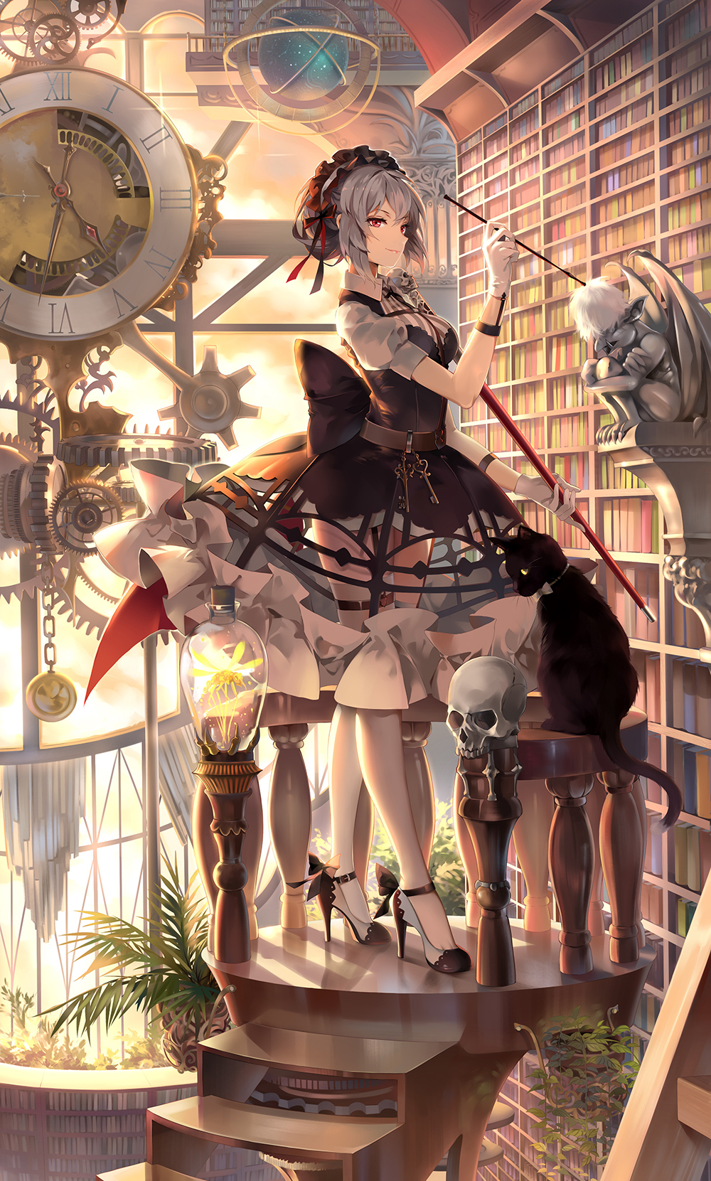 1girl baluster belt black_cat bonnet book bookshelf bow bug cane cat clock clockwork female_focus full_body gears globe gloves handrail high_heels highres iron_saga jar judith_(iron_saga) key library neko_(yanshoujie) official_art plant potted_plant puffy_short_sleeves puffy_sleeves red_eyes short_sleeves silver_hair smirk solo stairs statue strappy_heels thigh_strap thighhighs white_gloves white_thighhighs
