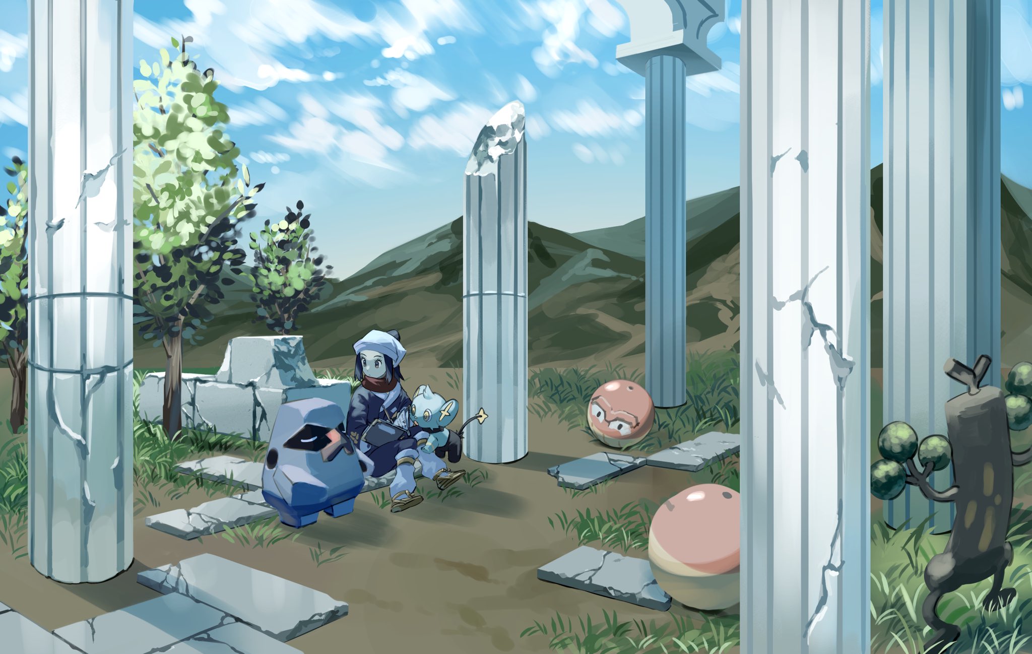 1girl akari_(pokemon) black_hair brown_footwear cloud commentary_request crack day gen_2_pokemon gen_3_pokemon gen_4_pokemon grass headscarf highres hisuian_voltorb jacket loose_socks nintendo nmn_0 nosepass outdoors pillar pokemon pokemon_(creature) pokemon_legends:_arceus scarf shinx shoes sitting sky socks sudowoodo tree wall white_headscarf white_headwear