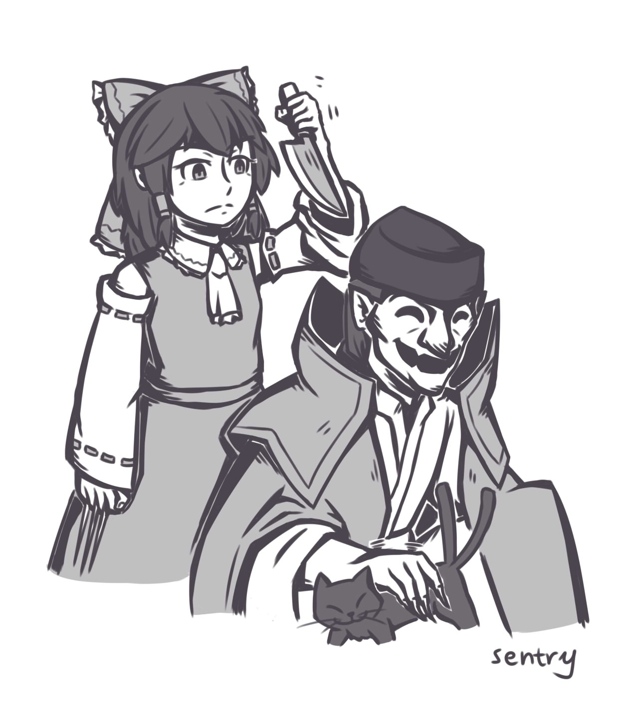 1boy 1girl ascot between_fingers bow capelet commentary detached_sleeves english_commentary fangs fortune_teller_(touhou) frown greyscale hair_bow hair_tubes hakurei_reimu hat highres holding holding_knife holding_weapon hollow_eyes imminent_hit japanese_clothes knife looking_down medium_hair monochrome motion_lines multiple_tails nekomata nontraditional_miko petting pointy_ears ribbon-trimmed_sleeves ribbon_trim sentry24 shirt sidelocks simple_background sketch skirt sleeveless sleeveless_shirt smile tail touhou two_tails weapon white_background wide_sleeves