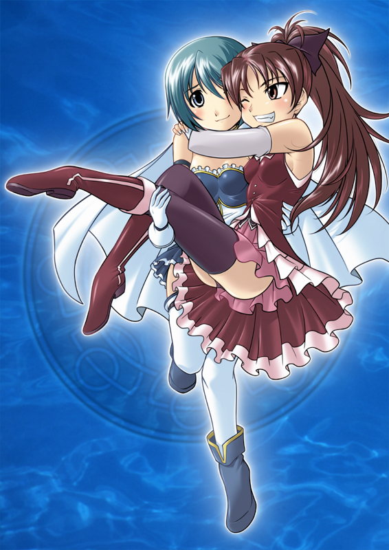 10s 2girls blue_eyes blue_hair blush cape carrying harada_shoutarou harashow_llcorp hug long_hair magical_girl mahou_shoujo_madoka_magica mahou_shoujo_madoka_magica_(anime) miki_sayaka miki_sayaka_(magical_girl) multiple_girls ponytail princess_carry red_eyes red_hair sakura_kyoko sakura_kyoko_(magical_girl) short_hair smile thighhighs