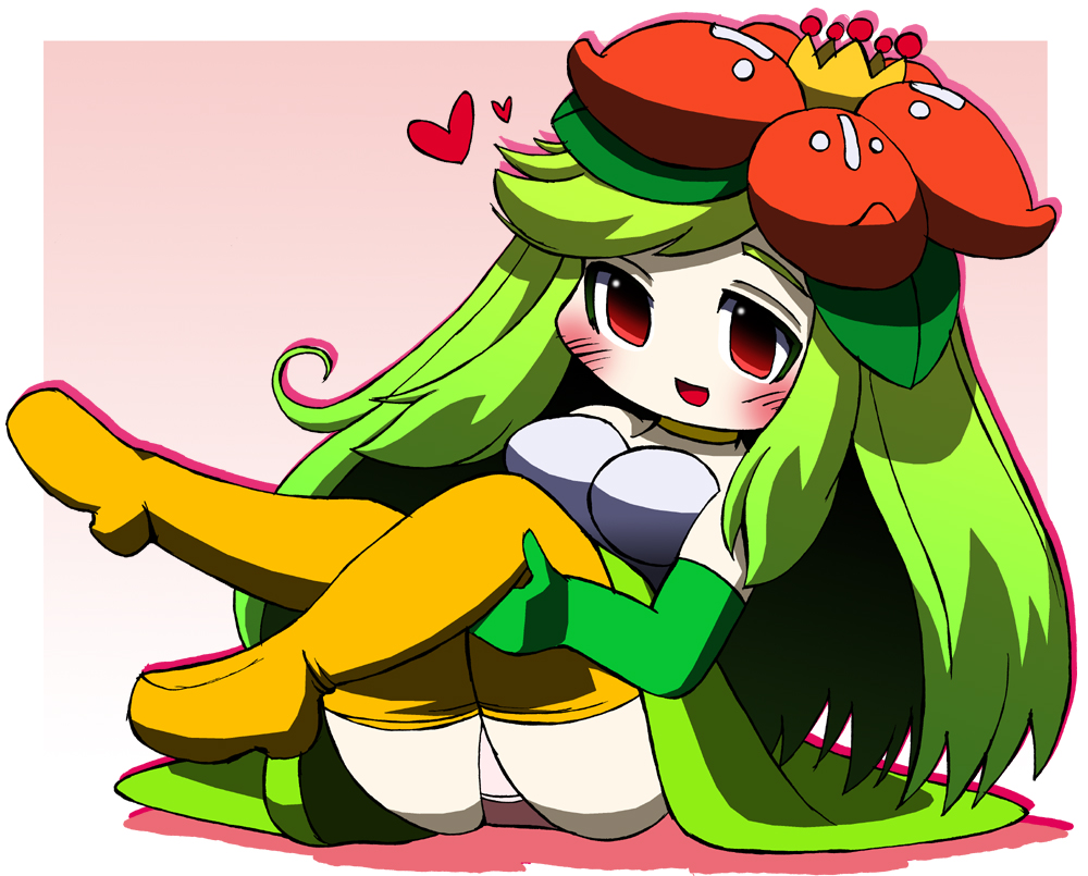 1girl blush boots breasts choker crown flower gen_5_pokemon gloves gradient_background green_gloves green_hair green_skirt grey_shirt hair_flower hair_ornament heart large_breasts legs_up lilligant lkagami long_hair looking_at_viewer monster_girl nintendo open_mouth panties personification pink_background pink_panties plant_girl pokemon red_eyes shirt sitting skirt smile strapless thigh_boots tube_top underwear yellow_boots