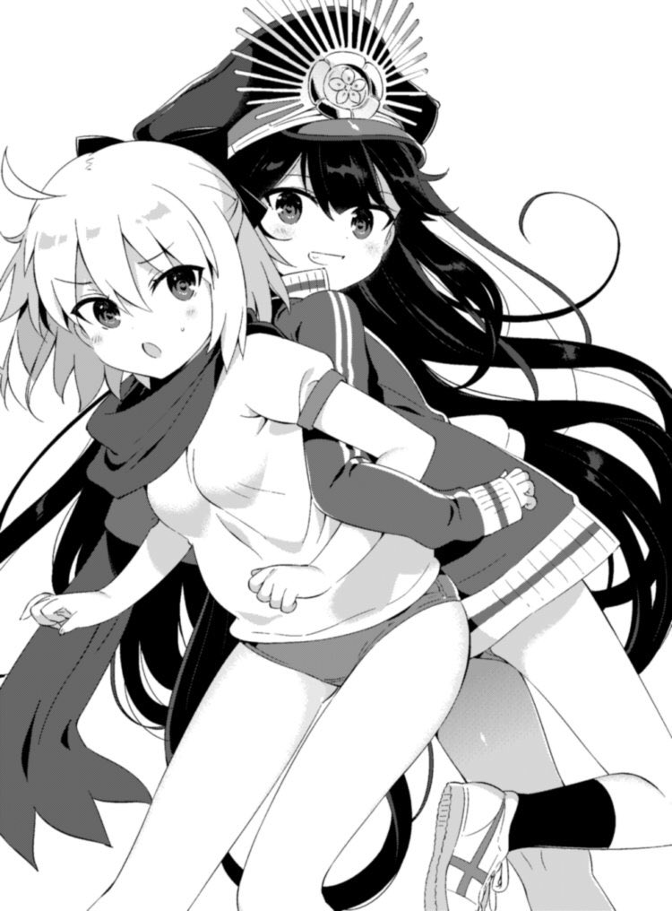 2girls ahoge bow breasts buruma fate_(series) grin gym_uniform hair_bow hanabana_tsubomi hat jacket koha-ace locked_arms long_hair long_sleeves looking_at_another looking_at_viewer multiple_girls oda_nobunaga_(fate) oda_nobunaga_(koha-ace) oda_uri okita_souji_(fate) okita_souji_(koha-ace) open_mouth peaked_cap scarf shoes short_hair short_sleeves simple_background small_breasts smile sneakers socks track_jacket