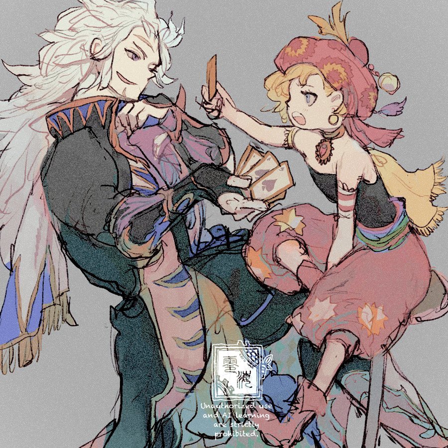 1boy 1girl bare_shoulders black_coat blonde_hair blue_eyes card coat final_fantasy final_fantasy_vi fingerless_gloves gloves holding holding_card long_hair playing_card puffy_pants relm_arrowny sash scar scar_on_chin scar_on_face setzer_gabbiani strapless tube_top waist_sash white_hair zerou_pan