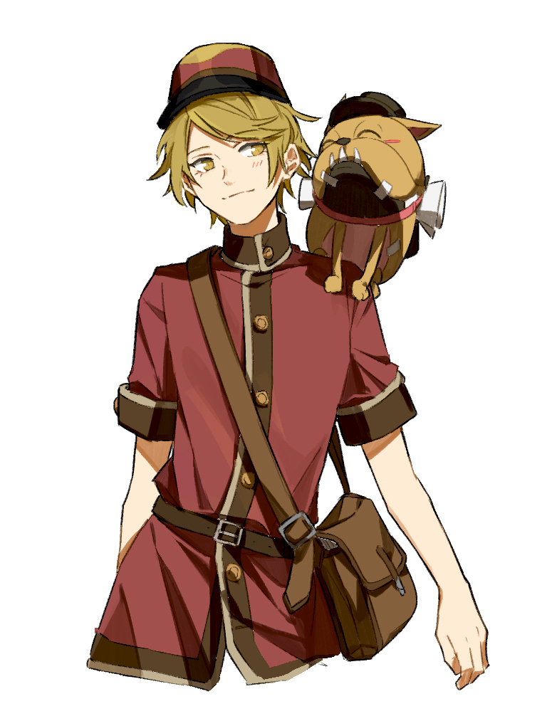 1boy animal animal_on_shoulder bad_id bad_pixiv_id bag blush brown_eyes brown_hair dog handbag hat identity_v kouri_(kyorosuukeeeeeee) male_focus red_headwear short_hair short_sleeves simple_background smile upper_body victor_grantz white_background wick_(identity_v)
