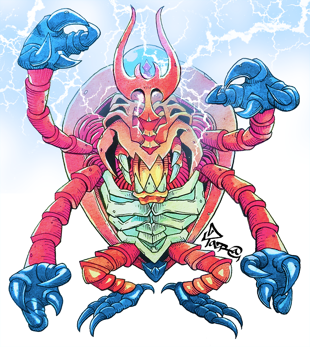 artist_collaboration atlurkabuterimon atlurkabuterimon_(red) bug carapace digimon digimon_(creature) electricity electrokinesis facing_viewer full_body mandibles open_mouth painting_(medium) red_carapace sharp_teeth solo standing taragraphika teeth traditional_media watercolor_(medium)