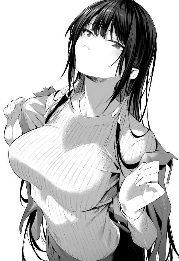1girl armpit_crease black_hair breasts hair_ribbon haite_kudasai_takamine-san hiiragi_yuuichi jacket long_hair medium_breasts monochrome neck off_shoulder ribbed_shirt ribbon shadow shirt skirt solo takamine_takane