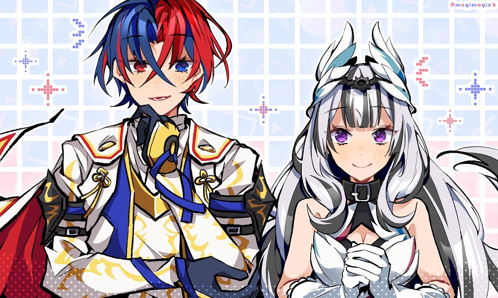 1girl alear_(fire_emblem) alear_(male)_(fire_emblem) bare_shoulders black_choker black_hair blue_eyes blue_hair breasts choker crossed_bangs dress feather_hair_ornament feathers fire_emblem fire_emblem_engage grey_hair hair_ornament heterochromia long_hair looking_at_viewer mugimugis multicolored_hair nintendo petite purple_eyes red_eyes red_hair short_hair small_breasts smile solo split-color_hair two-tone_hair very_long_hair veyle_(fire_emblem) wavy_hair