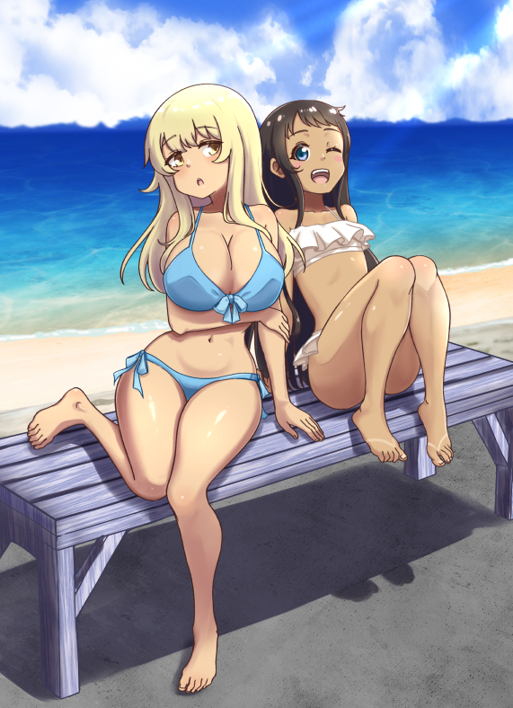 2girls barefoot beach bench bikini black_hair blonde_hair blue_bikini blue_eyes breasts brown_eyes cleavage commentary dark-skinned_female dark_skin english_commentary front-tie_bikini_top front-tie_top higa_kana horizon kyan_hina large_breasts long_hair multiple_girls ocean okinawa_de_suki_ni_natta_ko_ga_hougen_sugite_tsurasugiru swimsuit white_bikini yon_senpai