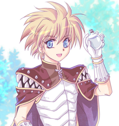 1boy 2000s_(style) blonde_hair blue_background blue_eyes brown_cape cape creator_(ragnarok_online) earrings flask gloves jewelry looking_at_viewer male_focus open_mouth potion ragnarok_online round-bottom_flask shijou_satori shirt short_hair sleeveless sleeveless_shirt smile solo spiked_hair upper_body white_gloves white_shirt