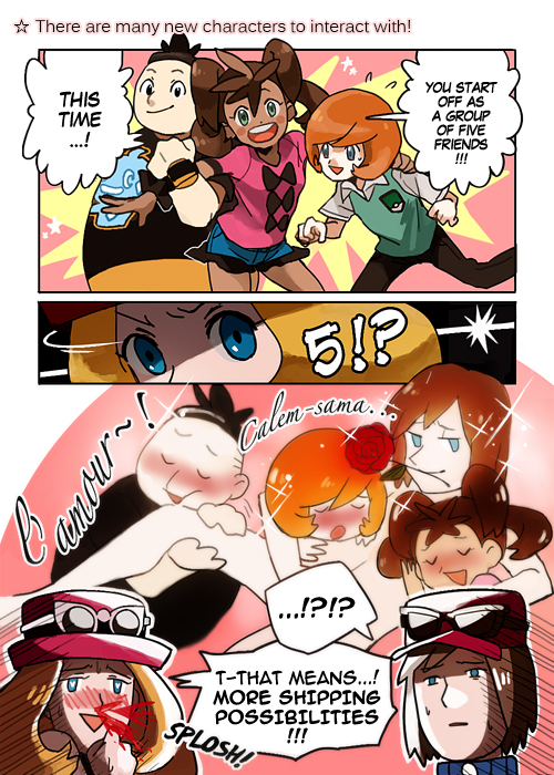 10s 2girls 3boys blood calem_(pokemon) comic english_text eyewear_on_head female_pervert flower french_text hat heart heart-shaped_pupils multiple_boys multiple_girls nintendo nosebleed pervert piyo_(sanigo) pokemon pokemon_xy rose sanigo serena_(pokemon) shauna_(pokemon) sunglasses symbol-shaped_pupils tierno_(pokemon) trevor_(pokemon)