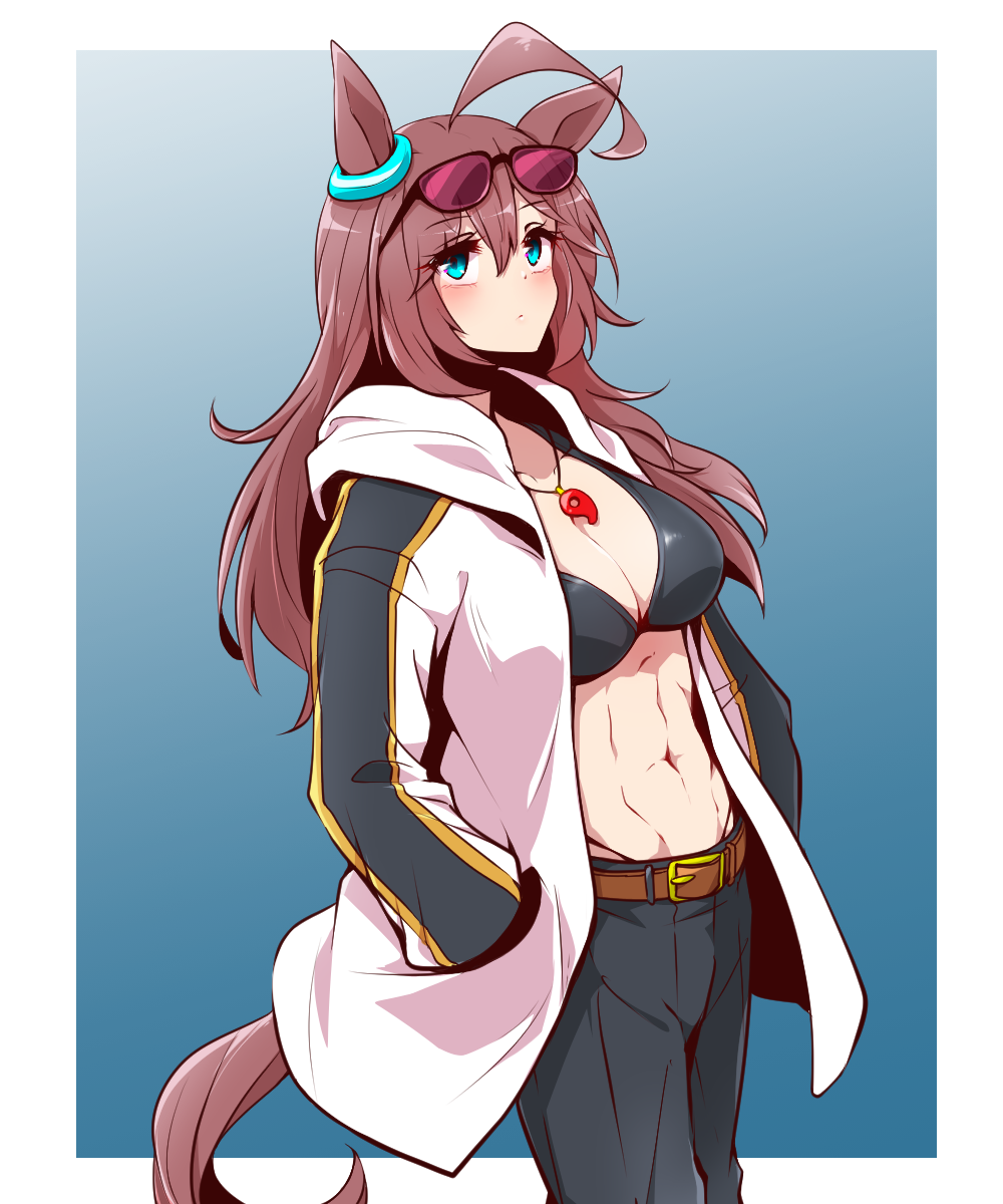 1girl abs ahoge animal_ears belt bikini black_bikini black_pants blue_eyes breasts brown_belt brown_hair cleavage closed_mouth collarbone commentary cosplay cowboy_shot ear_ornament eyewear_on_head groin hair_between_eyes hands_in_pockets highres hood hood_down hooded_jacket horse_ears horse_girl horse_tail jacket jewelry large_breasts long_hair long_sleeves looking_up magatama magatama_necklace midriff mihono_bourbon_(umamusume) navel necklace open_clothes open_jacket pants sidelocks simple_background solo standing sunglasses swimsuit tail trainer_(umamusume) trainer_kuronuma trainer_kuronuma_(cosplay) umamusume white_jacket yonedatomo_mizu