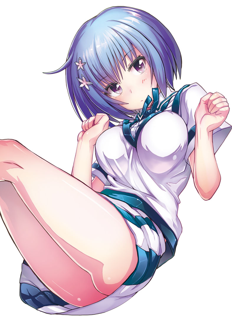 1girl ass blue_hair blush body_blush female_focus flower hair_flower hair_ornament looking_at_viewer maji_de_watashi_ni_koi_shinasai! purple_eyes school_uniform shiina_miyako shiny_skin short_hair simple_background skirt solo tamon_ketsuyuki white_background