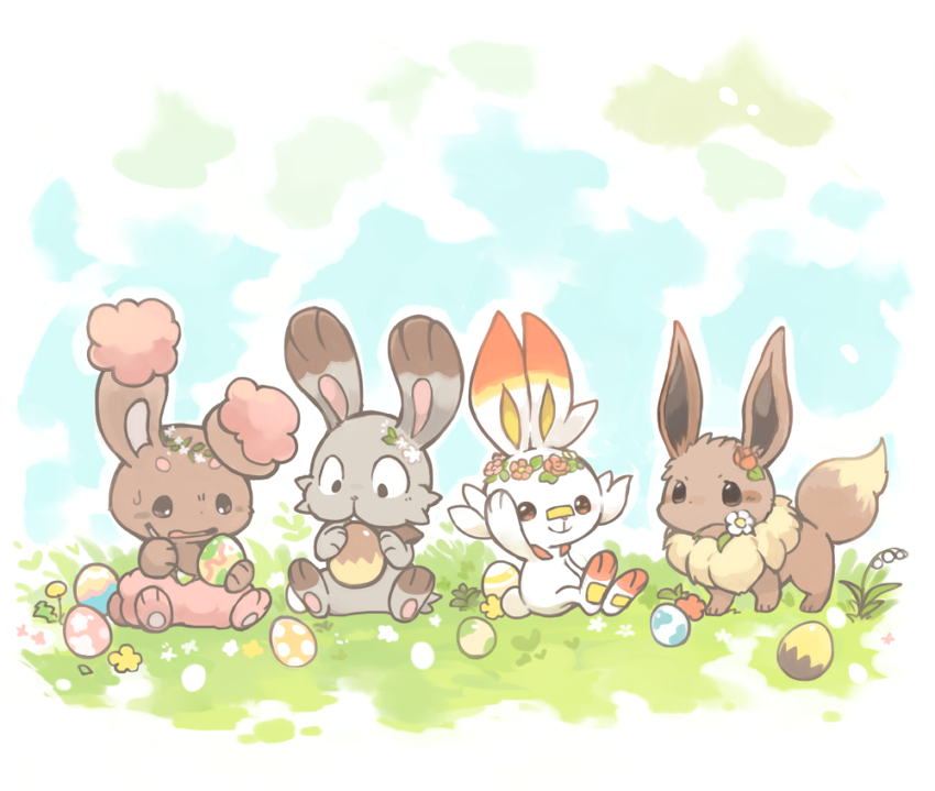 alternate_color animal_focus blush_stickers brown_eyes buneary bunnelby closed_mouth commentary_request easter easter_egg eevee egg full_body gen_1_pokemon gen_4_pokemon gen_6_pokemon gen_8_pokemon head_wreath konanbo nintendo no_humans open_mouth outdoors pokemon pokemon_(creature) scorbunny shiny_pokemon sitting