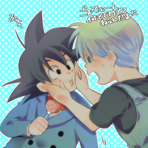 2boys black_eyes black_hair black_shirt blue_background blue_eyes dragon_ball dragon_ball_z dragon_ball_z_kami_to_kami dragonball_z eating food fork formal_clothes hands_on_another&#039;s_cheeks hands_on_another&#039;s_face looking_at_another lowres male_focus multiple_boys necktie overalls rochiko_(bgl6751010) serious shirt simple_background son_goten spiked_hair suit sweatdrop trunks_(dragon_ball) white_background
