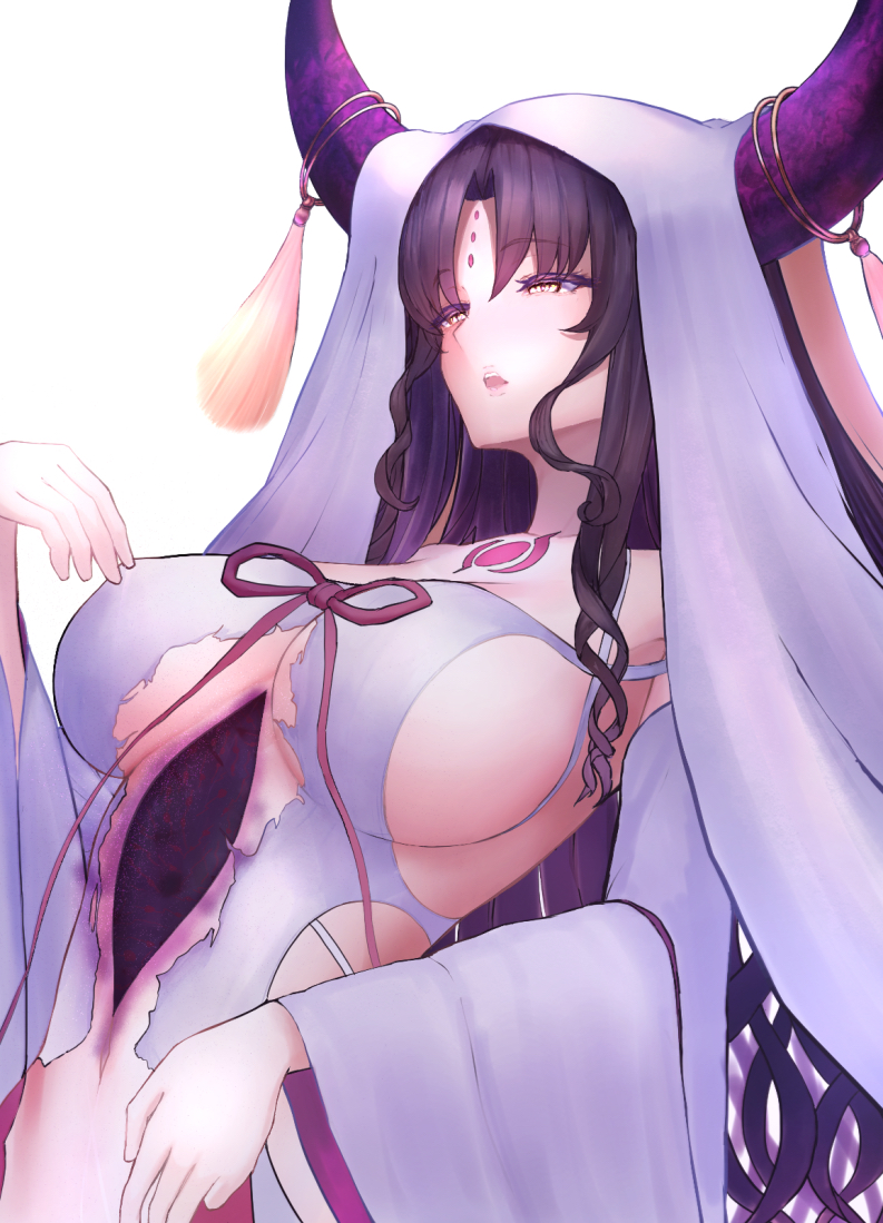 1girl arm_at_side bad_id bad_pixiv_id black_hair breasts chest_tattoo commentary cowboy_shot dress facial_mark fate/grand_order fate_(series) forehead_mark hand_up horn_ornament horn_ring horns large_breasts long_hair long_sleeves looking_afar navel open_mouth parted_bangs pink_horns pink_ribbon ribbon sessyoin_kiara sessyoin_kiara_(heaven&#039;s_hole) sessyoin_kiara_(third_ascension) sideboob solo tassel tattoo teeth torn_clothes torn_dress upper_teeth_only veil very_long_hair white_background white_dress white_veil wide_sleeves yellow_eyes yoitote