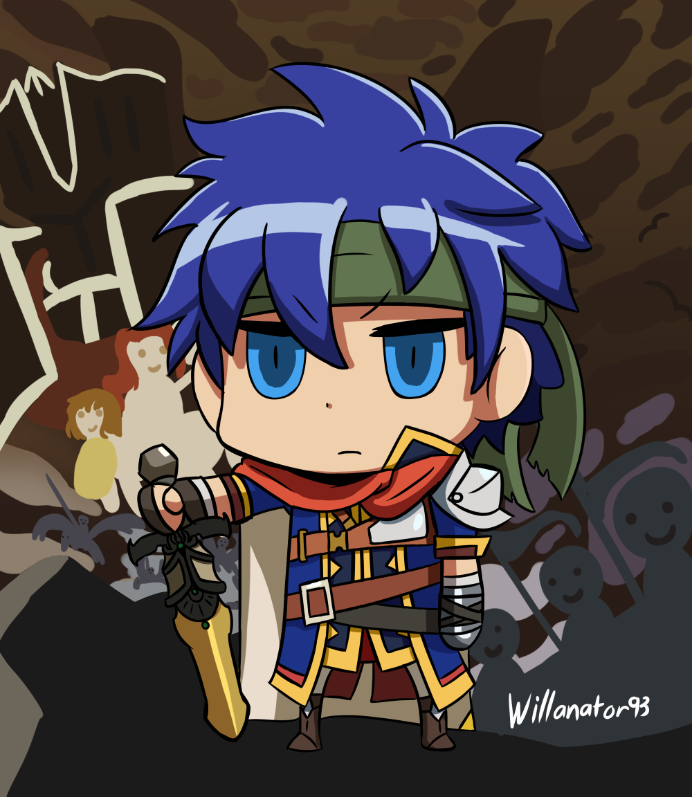 2boys 2girls armor artist_name black_armor black_knight_(fire_emblem) blue_eyes blue_hair cape chibi commentary english_commentary fire_emblem fire_emblem:_path_of_radiance green_headband headband holding holding_sword holding_weapon ike_(fire_emblem) mist_(fire_emblem) multiple_boys multiple_girls nintendo parody ragnell red_cape riyo_(lyomsnpmp)_(style) short_hair sword titania_(fire_emblem) two-sided_cape two-sided_fabric weapon will_(willanator93)