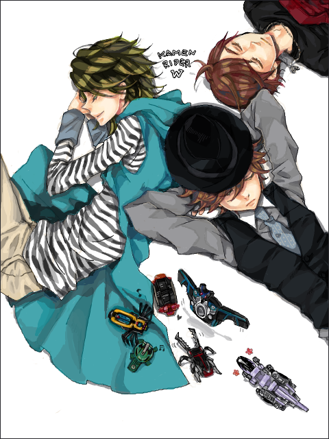 3boys arms_up brown_hair cloak closed_eyes endlphin gaia_memory hat hidari_shoutarou hood hooded_cloak jacket jewelry kamen_rider kamen_rider_w long_sleeves looking_at_viewer lying male_focus multiple_boys necklace philip philip_(kamen_rider) shirt short_hair simple_background sleeping striped_clothes striped_shirt terui_ryuu vest white_background