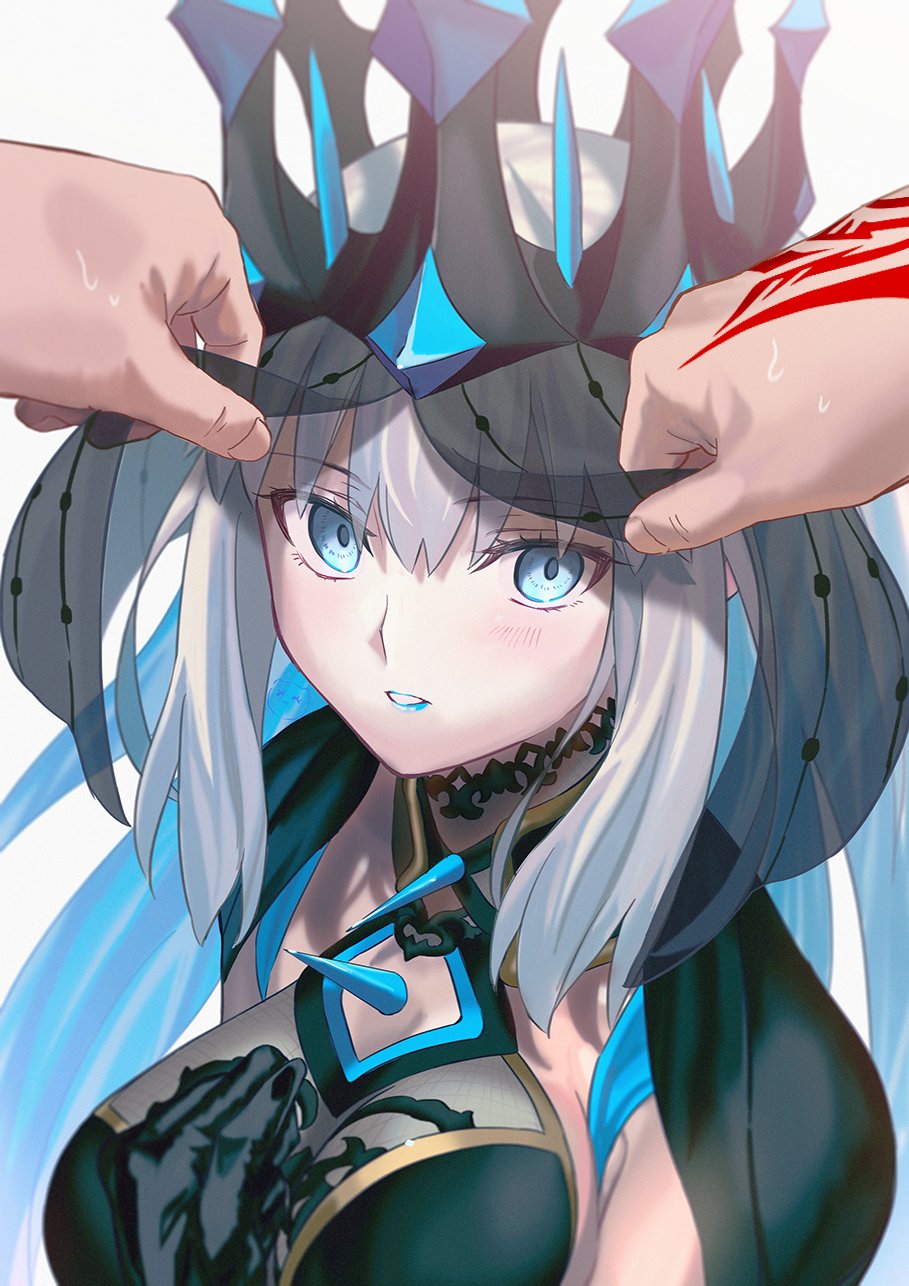 1girl aora black_dress blue_dress blue_eyes blue_lips braid breasts command_spell crown dress fate/grand_order fate_(series) grey_hair highres large_breasts long_hair long_sleeves looking_at_viewer morgan_le_fay_(fate) morgan_le_fay_(queen_of_winter)_(fate) ponytail revision sidelocks solo two-tone_dress veil very_long_hair