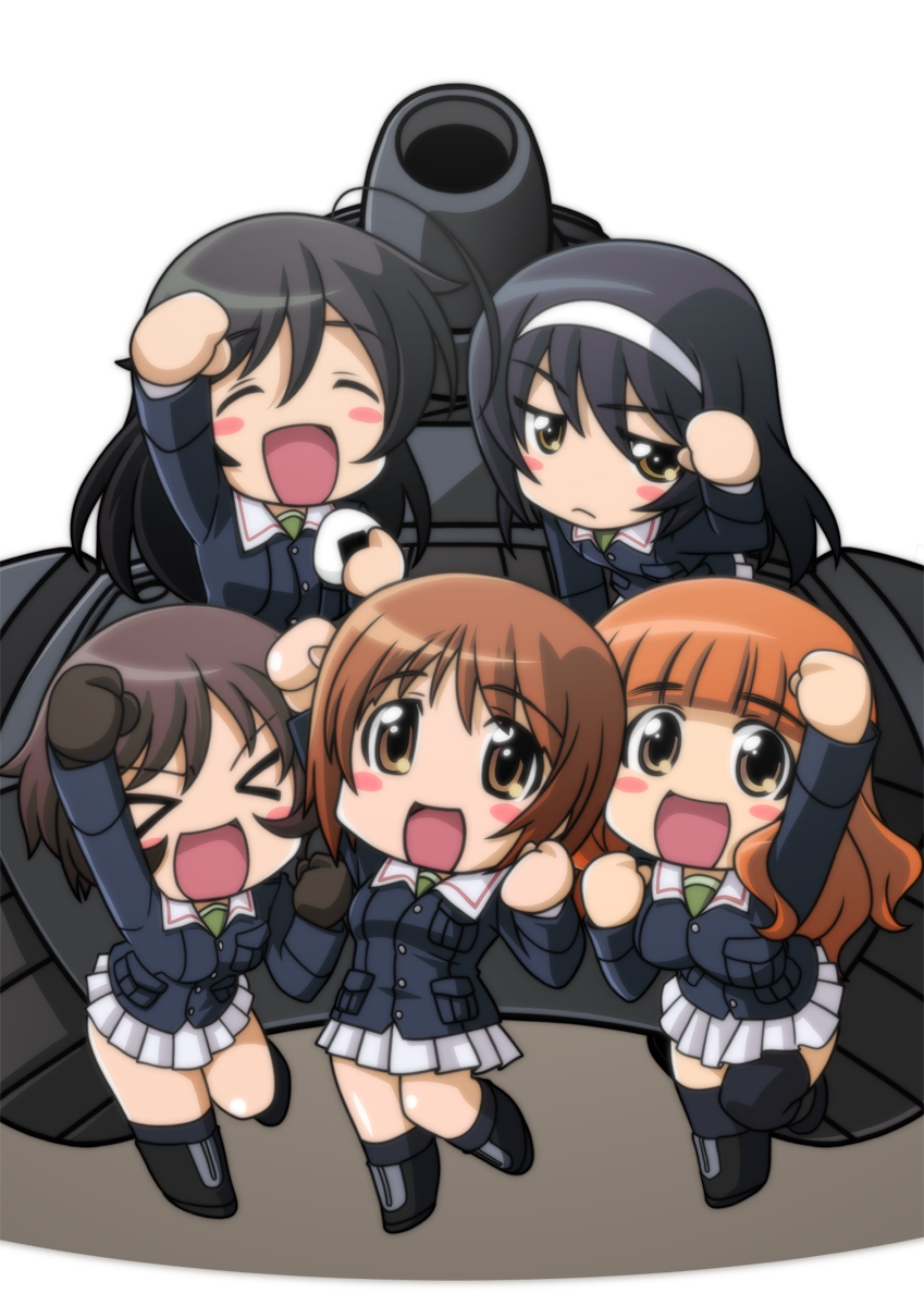 &gt;_&lt; 10s 5girls :d akiyama_yukari brown_eyes brown_hair closed_eyes girls_und_panzer harada_shoutarou highres isuzu_hana long_hair military military_vehicle motor_vehicle multiple_girls nishizumi_miho open_mouth panzer_iv reizei_mako short_hair skirt smile takebe_saori tank vehicle xd
