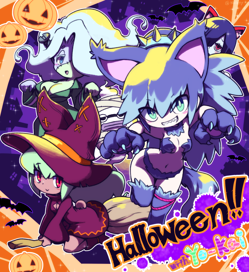 4girls :&gt; ameonna_(youkai_watch) animal_ears bat_(animal) blue_eyes blue_hair blush breasts broom broom_riding bunny_mint cat_ears cleavage cosplay en&#039;enra english_text enraenra_(youkai_watch) fake_animal_ears floating frankenstein&#039;s_monster frankenstein&#039;s_monster_(cosplay) fubukihime ghost green_eyes green_hair hair_over_one_eye halloween halloween_costume hat high_ponytail jack-o&#039;-lantern jibanyan jibanyan_(cosplay) large_breasts long_hair looking_at_viewer multicolored_hair multiple_girls mummy_costume navel nollety notched_ear object_through_head ponytail purple_lips red_eyes screw_in_head sharp_teeth stitches tail teeth thighhighs traditional_youkai twitter_username two-tone_hair werewolf_costume whisper_(youkai_watch) witch witch_hat wolf_ears wolf_tail youkai_(youkai_watch) youkai_watch