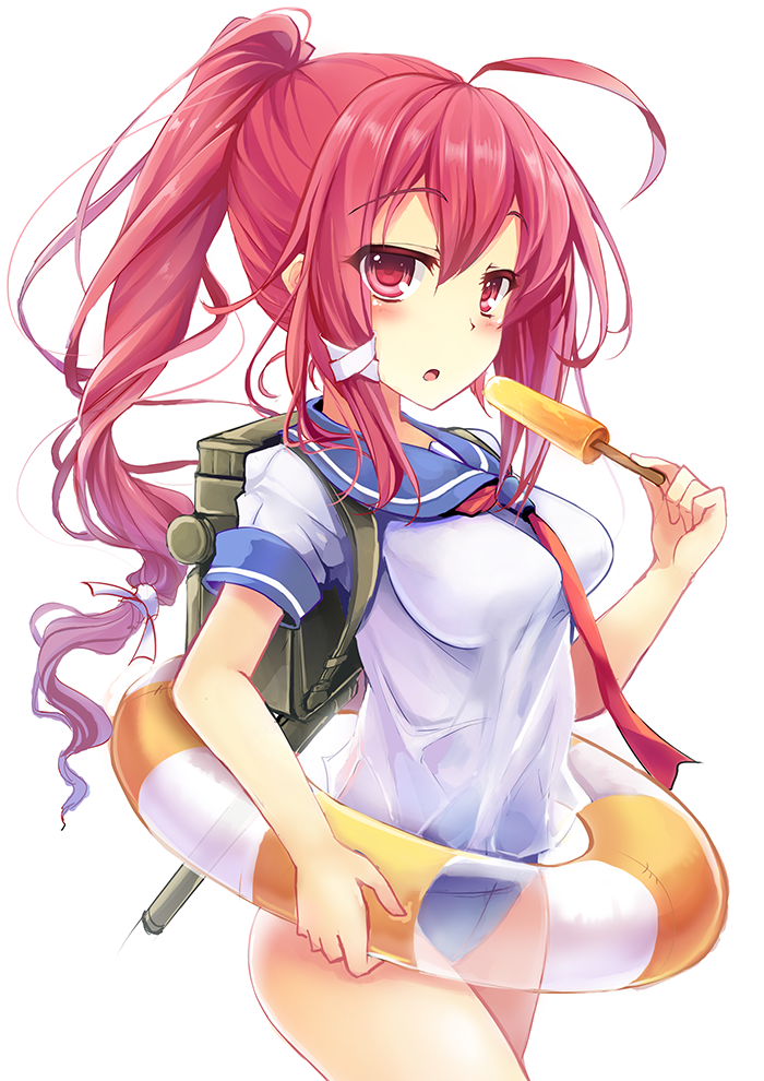 10s 1girl ahoge bad_id bad_pixiv_id between_breasts breasts cowboy_shot female_focus goushou hair_between_eyes hair_ribbon i-168_(kancolle) innertube kantai_collection long_hair medium_breasts necktie necktie_between_breasts pink_eyes pink_hair ponytail ribbon school_swimsuit school_uniform serafuku solo swim_ring swimsuit swimsuit_under_clothes thighs