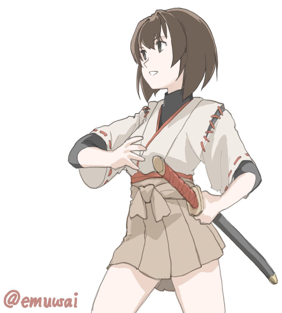 1girl brown_eyes brown_hair brown_hakama brown_skirt cowboy_shot emuwai fighting_stance hakama hakama_short_skirt hakama_skirt hyuuga_(kancolle) japanese_clothes kantai_collection kosode one-hour_drawing_challenge ready_to_draw sheath sheathed short_hair simple_background skirt solo standing sword twitter_username undershirt weapon white_background