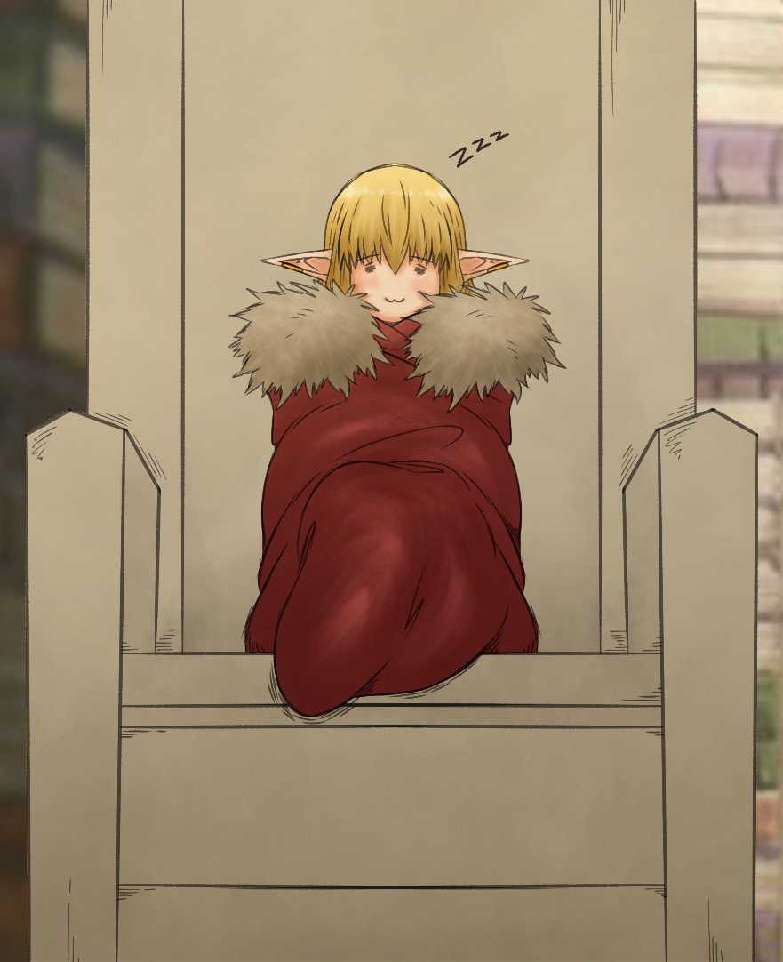 1girl :3 =_= basedlida blanket blonde_hair closed_eyes commentary full_body fur_trim pointy_ears serie_(sousou_no_frieren) sitting_on_throne sleeping smile solo sousou_no_frieren throne zzz