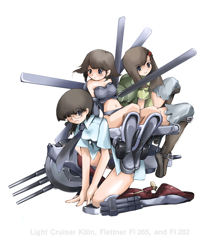 3girls aircraft brown_hair cruiser fl_265 fl_282 glasses gun hair_ornament helicopter kriegsmarine long_hair mecha_musume military military_vehicle multiple_girls nano_(nanosize) original propeller ship short_hair simple_background torpedo warship watercraft weapon wince