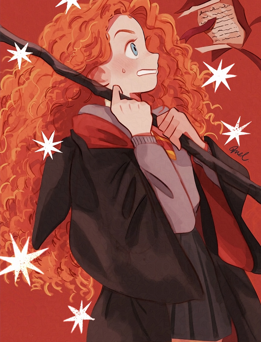 1girl alternate_costume black_robe black_skirt blue_eyes brave_(pixar) grey_sweater highres holding holding_staff long_hair melchencanto merida_(brave) open_clothes open_robe orange_hair pleated_skirt robe signature skirt solo staff sweater upper_body