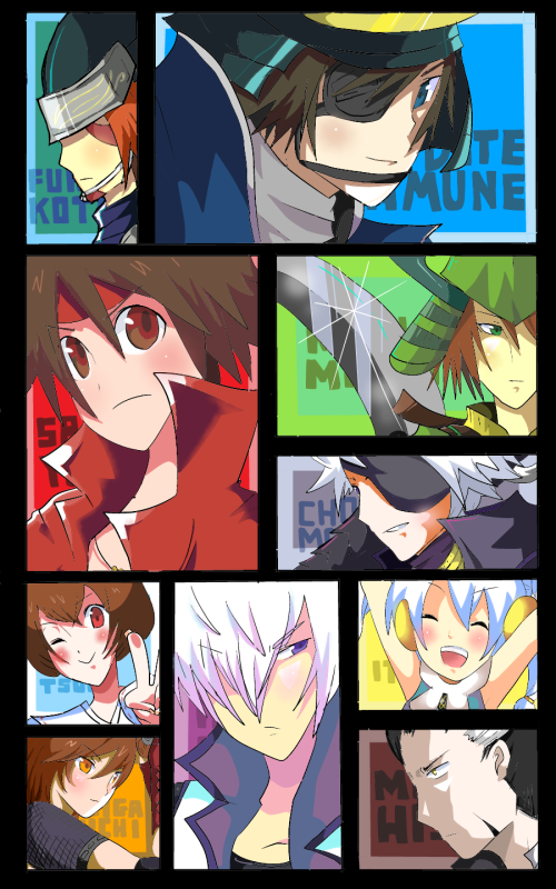 3girls 6+boys blush chosokabe_motochika chosokabe_motochika_(sengoku_basara) date_masamune date_masamune_(sengoku_basara) eyepatch fuuma_kotarou fuuma_kotarou_(sengoku_basara) ishida_mitsunari ishida_mitsunari_(sengoku_basara) itsuki_(sengoku_basara) matsunaga_hisahide mouri_motonari multiple_boys multiple_girls ninja open_mouth saika_magoichi saika_magoichi_(sengoku_basara) sanada_yukimura sanada_yukimura_(sengoku_basara) smile teeth tongue tsuruhime