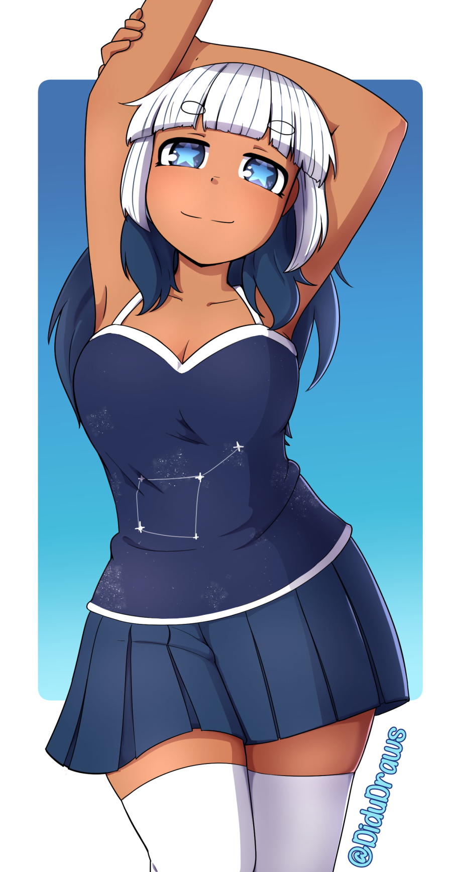 1girl arm_up artist_name blue_dress blue_eyes blue_hair border breasts collarbone commentary constellation_print didudraws dress halterneck highres looking_at_viewer lyra_(constellation) multicolored_hair original outside_border smile solo star-shaped_pupils star_(symbol) symbol-shaped_pupils tan thighhighs two-tone_hair white_border white_hair white_thighhighs