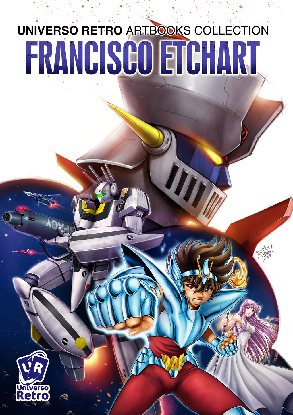 1980s_(style) 1boy 1girl 2019 armor artbook athena_(saint_seiya) battroid brown_eyes brown_hair choujikuu_yousai_macross commentary dated dress energy energy_cannon english_commentary english_text fantasy fighting_stance fingerless_gloves fleet flying franciscoetchart gloves glowing glowing_eyes grin gunpod highres kido_saori logo long_hair looking_at_viewer macross magic martial_arts mazinger_(series) mazinger_z mazinger_z_(mecha) mecha oldschool pegasus_seiya punching purple_hair retro_artstyle robot robotech roundel saint_seiya science_fiction serious signature smile spanish_text spiked_hair staff super_robot u.n._spacy upper_body variable_fighter vf-1 vf-1a vf-1s