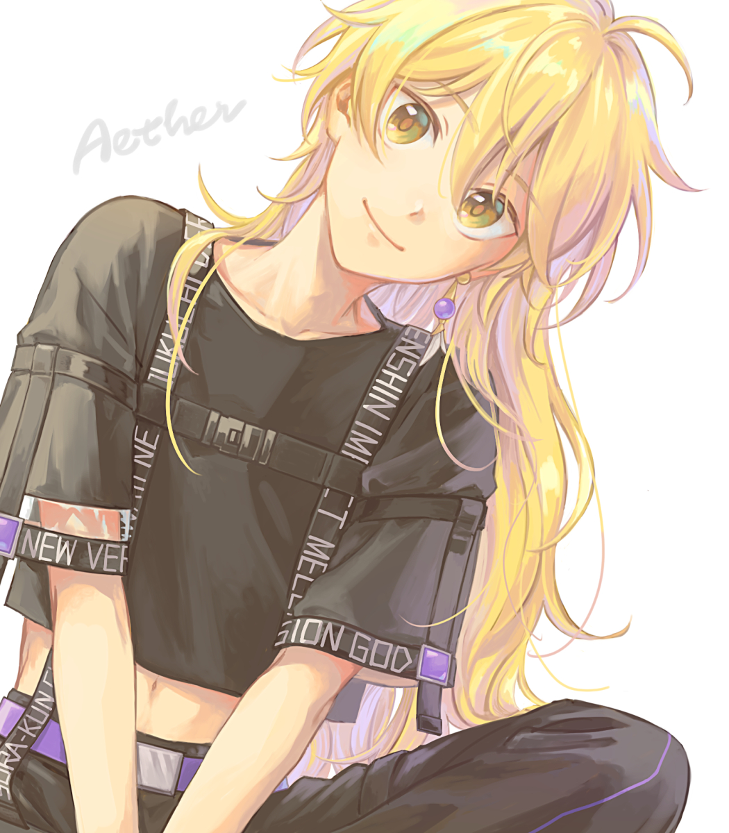 1boy aether_(genshin_impact) ahoge alternate_costume black_pants blonde_hair character_name clothes_writing crop_top earrings genshin_impact hair_between_eyes hair_down head_tilt highres jewelry long_hair looking_at_viewer male_focus mapogeso navel pants short_sleeves simple_background single_earring sitting smile solo upper_body white_background yellow_eyes