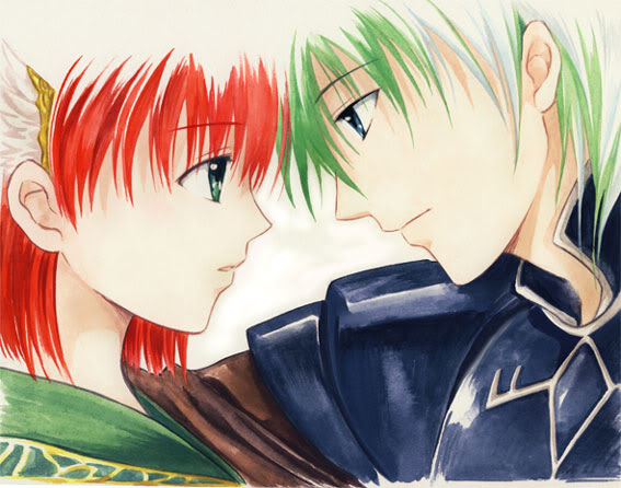 1boy 1girl agahari armor blue_eyes couple eye_contact fire_emblem fire_emblem:_the_blazing_blade green_eyes green_hair head_wings heath_(fire_emblem) hug looking_at_another multicolored_hair nintendo priscilla_(fire_emblem) red_hair short_hair two-tone_hair white_hair wings wyvern_rider