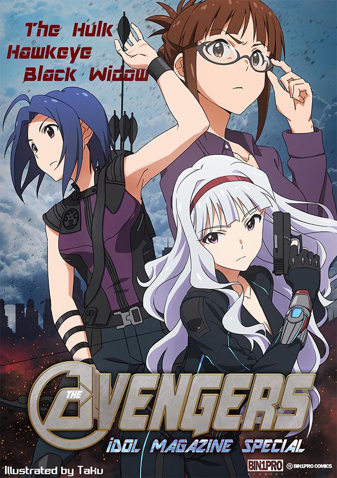 3girls akizuki_ritsuko arrow_(projectile) avengers:_age_of_ultron avengers_(series) black_widow black_widow_(cosplay) bow_(weapon) brown_hair bruce_banner bruce_banner_(cosplay) cosplay glasses gun handgun hawkeye_(marvel) hawkeye_(marvel)_(cosplay) idolmaster idolmaster_(classic) marvel marvel_cinematic_universe miura_azusa multiple_girls shijou_takane taku1122 weapon