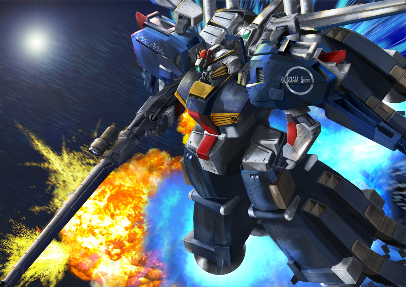 armor bad_id bad_pixiv_id beam_rifle energy_gun ex-s_gundam explosion flying green_eyes gun gundam gundam_sentinel holding holding_gun holding_weapon i.t.o_daynamics mecha motion_blur no_humans reactive_armor realistic reflection robot s_gundam science_fiction space sun water weapon