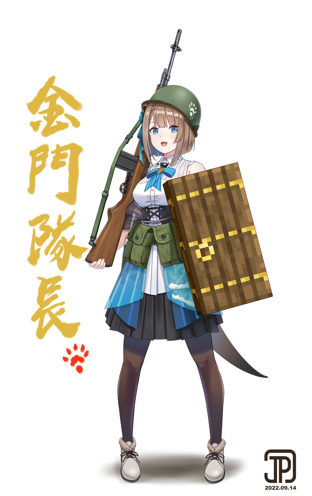 1girl battle_rifle belt blue_eyes blue_necktie dress full_body grey_hair gun helmet highres holding holding_gun holding_weapon indie_virtual_youtuber jpc looking_at_viewer lutra_lutra m14 necktie paw_print pixelated pleated_dress rifle shadow shoes short_hair simple_background sneakers solo tail utility_belt virtual_youtuber weapon white_background