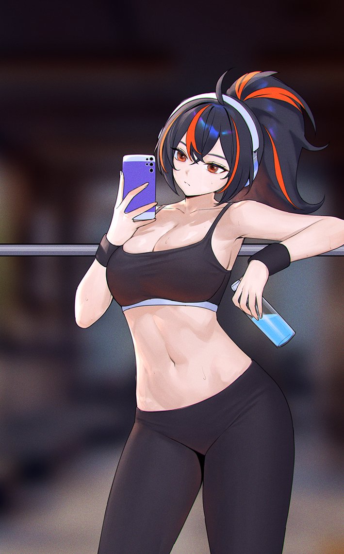 1girl :/ against_railing alternate_costume black_hair black_leggings black_tank_top blurry blurry_background bottle breasts cellphone commentary headset holding holding_bottle holding_phone large_breasts leggings midriff multicolored_hair navel phone ponytail railing red_eyes red_hair siun smartphone solo stomach streaked_hair symbol-only_commentary tank_top zenless_zone_zero zhu_yuan
