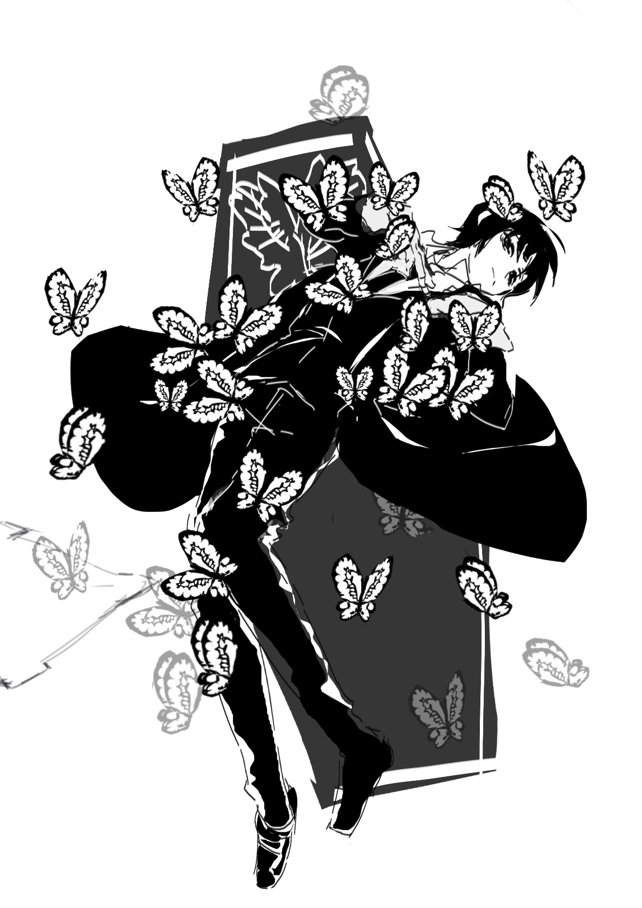 1boy animal_print arms_behind_back black_butterfly black_eyes black_hair black_shoes black_suit bug butterfly coffin collared_shirt dress_shoes floating_cape formal_clothes greyscale insect limbus_company looking_at_viewer male_focus monochrome necktie project_moon shirt shoes short_hair solo suit too_many too_many_butterflies white_background white_butterfly white_shirt ww_okonomiyaki yi_sang_(project_moon)