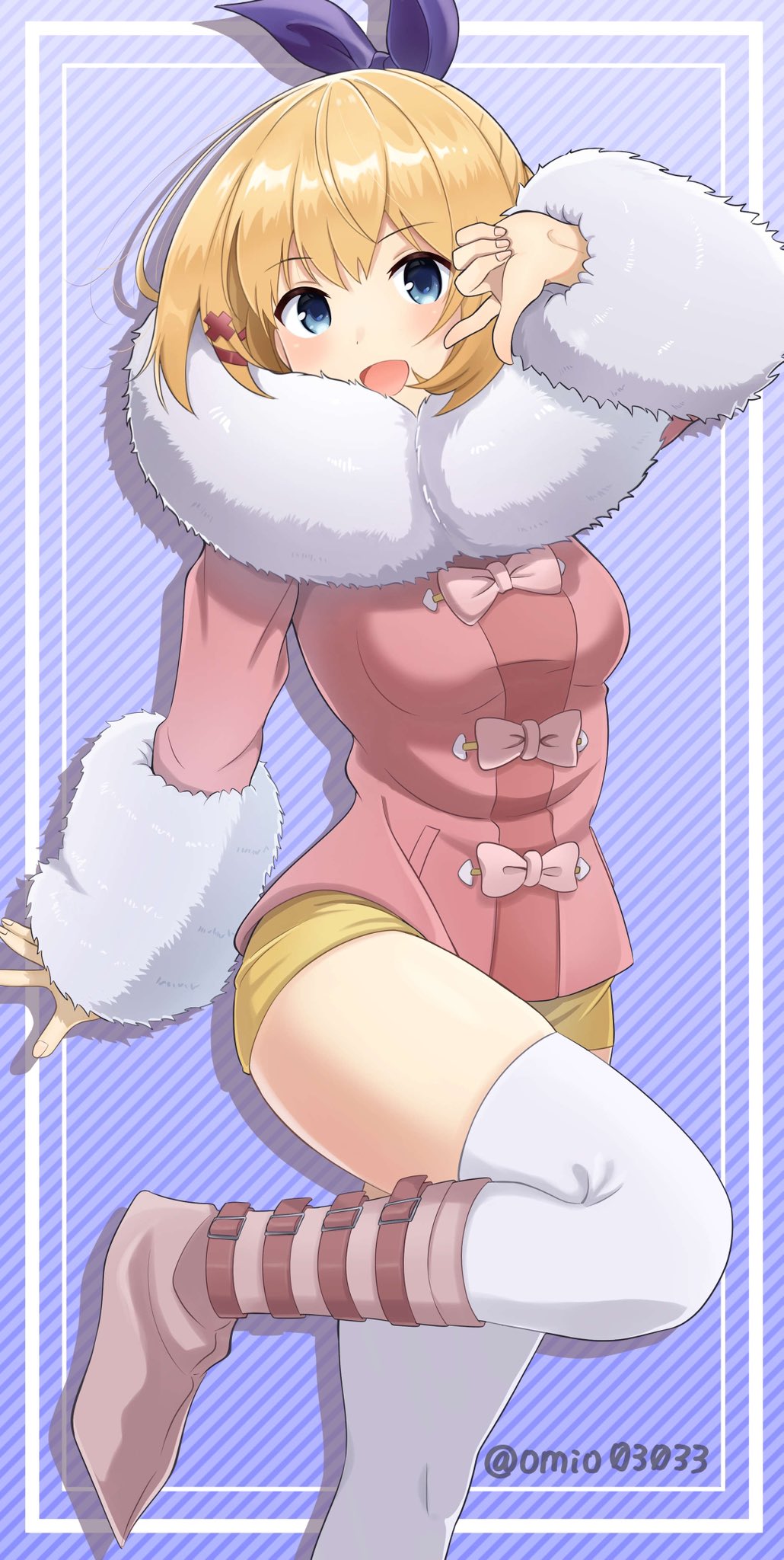 1girl alternate_costume ando_ruruka blonde_hair blue_eyes boots bow brown_boots coat commentary_request commission cowboy_shot danganronpa_(series) danganronpa_3_(anime) diagonal-striped_background fur-trimmed_coat fur_trim hair_bow hand_up highres leg_up long_sleeves looking_at_viewer omio open_mouth outside_border photoshop_(medium) pink_bow pink_coat purple_background purple_bow rokudenashi_majutsu_koushi_to_akashic_record rumia_tingel short_hair short_shorts shorts skeb_commission smile solo standing standing_on_one_leg striped_background thighhighs twitter_username white_thighhighs yellow_shorts