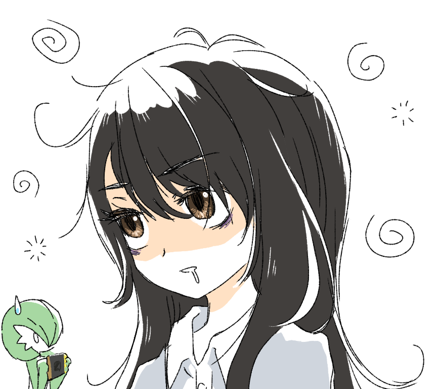 0_0 2girls antenna_hair bad_id bad_pixiv_id bags_under_eyes black_hair bob_cut brown_eyes collared_shirt colored_skin drooling female_focus gardevoir gen_3_pokemon green_hair green_skin hair_over_one_eye handheld_game_console hands_up holding long_hair messy_hair muguet multicolored_skin multiple_girls nintendo nintendo_switch original parted_lips pokemon pokemon_(creature) saliva shirt short_hair simple_background sketch solo_focus spiral sweatdrop teeth tired two-tone_skin upper_body white_background white_shirt white_skin