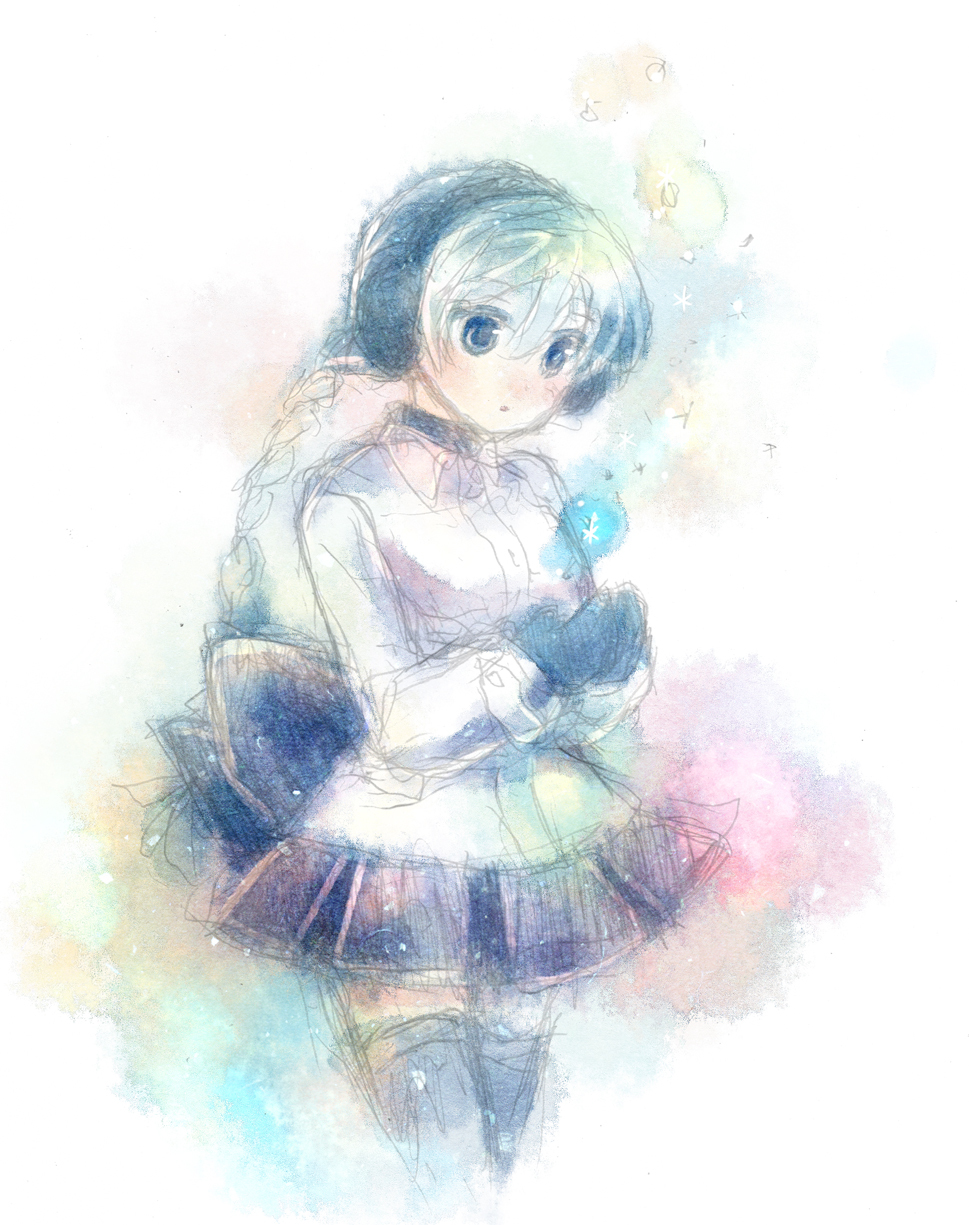 1girl aqua_hair back_bow black_bow black_hat black_mittens black_skirt black_thighhighs blue_eyes bow braid collared_shirt commentary_request cropped_legs hair_between_eyes hat highres long_hair mittens parted_lips sekka_yufu shirt sketch skirt solo thighhighs tsunoyomogi_amahashi utau white_shirt