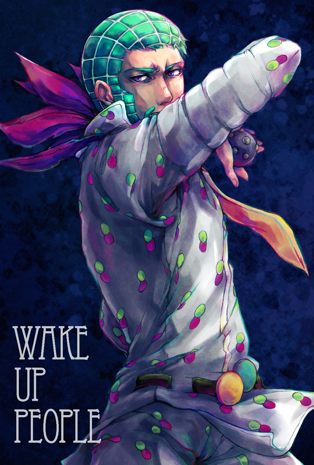 1boy bad_id bad_pixiv_id ball beard cafemoka-septro facial_hair green_hair highres jojo_no_kimyou_na_bouken male_focus purple_eyes solo steel_ball_run wekapipo