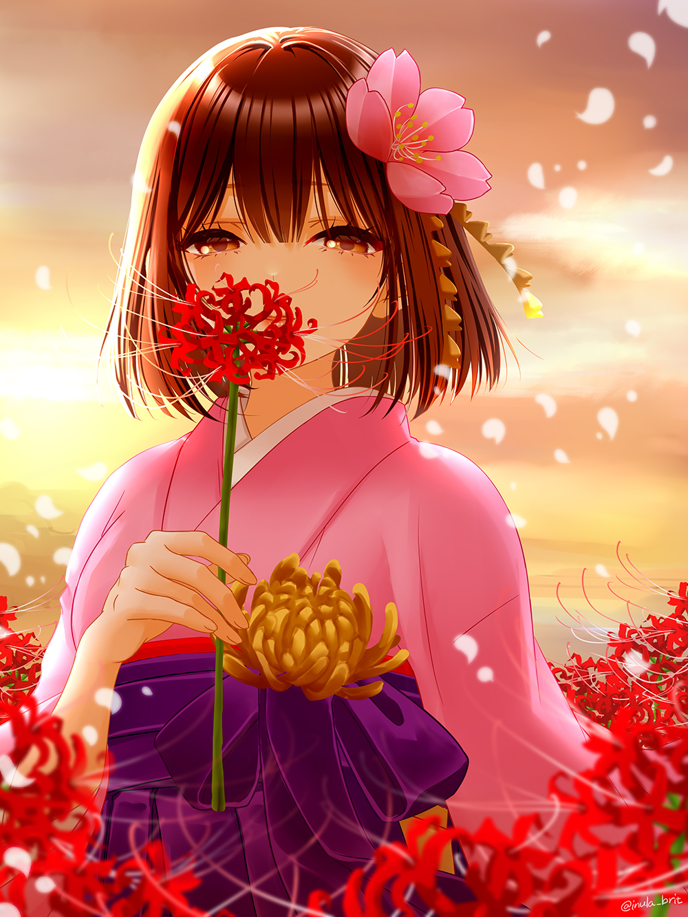 1girl axis_powers_hetalia brown_hair field flower flower_field flower_over_mouth hair_flower hair_ornament highres holding holding_flower japan_(female)_(hetalia) japanese_clothes kimono looking_at_viewer pink_kimono purple_skirt qlx_(2399001) short_hair skirt smile solo spider_lily upper_body