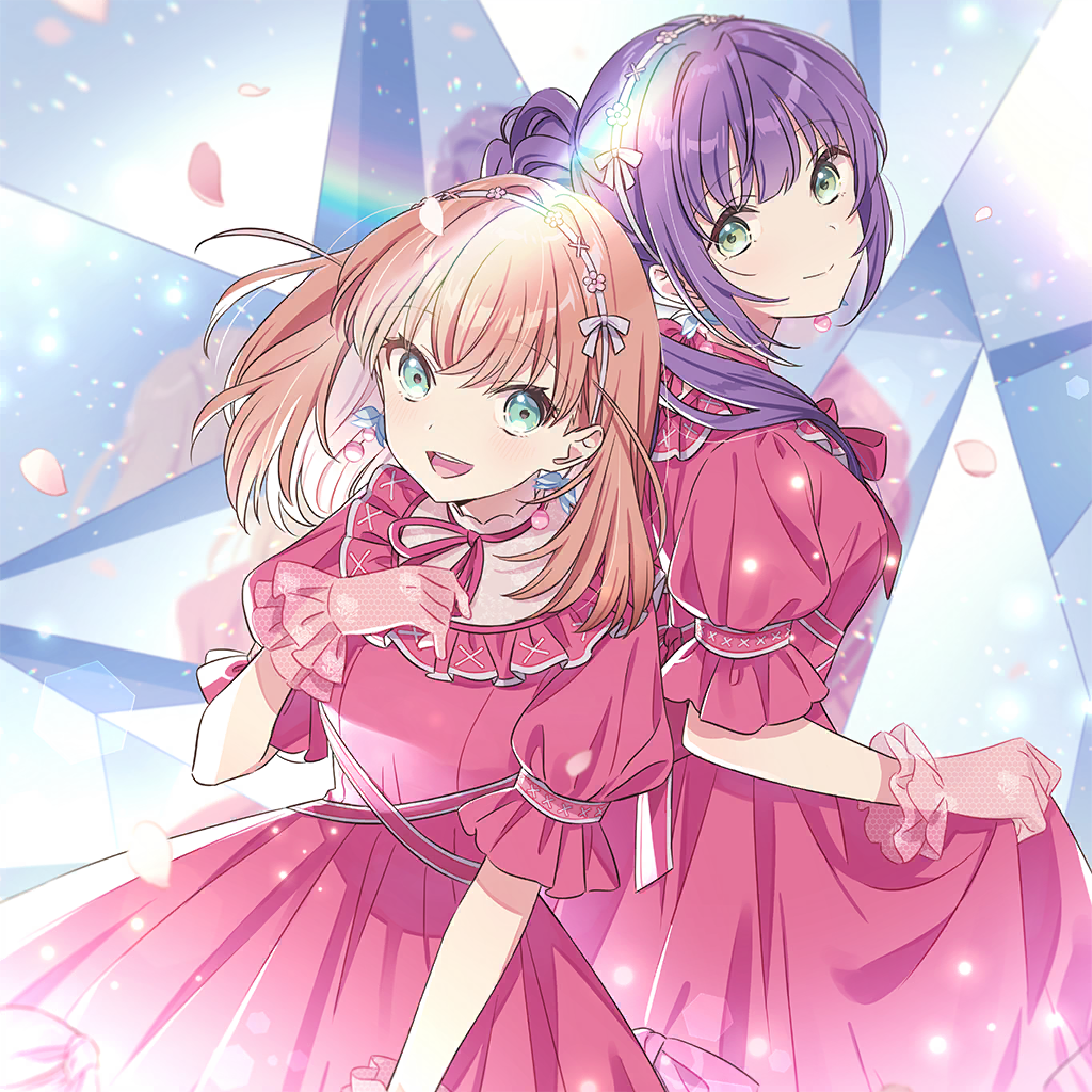 2girls :d album_cover aqua_eyes arm_at_side back-to-back cerise_bouquet clothes_lift cover crossed_bangs crystal dress dress_lift earrings english_text flower_earrings flower_hairband frilled_dress frills game_cg gloves green_eyes hair_ornament hairband hand_on_own_chest hechima_(issindotai) hinoshita_kaho jewelry light_smile link!_like!_love_live! long_hair looking_at_viewer looking_back love_live! medium_hair multiple_girls non-web_source official_alternate_costume official_art open_mouth orange_hair otomune_kozue pink_dress ponytail puffy_short_sleeves puffy_sleeves purple_hair rainbow reflection_in_the_mirror_(love_live!) short_sleeves side_ahoge sidelocks smile swept_bangs teeth textless_version upper_body upper_teeth_only virtual_youtuber