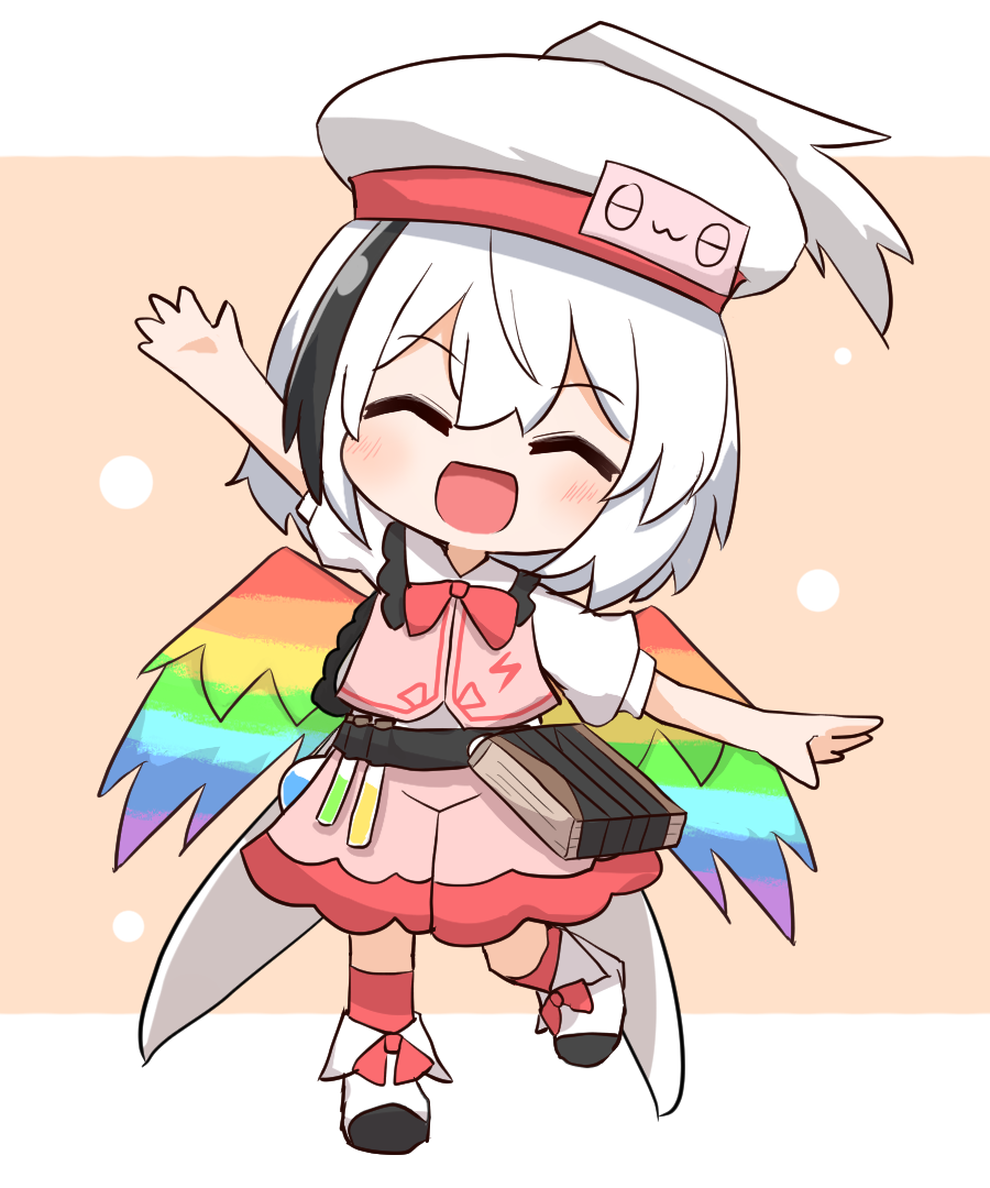 1girl :d ^_^ black_hair blush bow bowtie closed_eyes collared_shirt commentary_request coruthi facing_viewer flask frilled_shirt_collar frills full_body hat hollow_song_of_birds multicolored_hair open_mouth outstretched_arms pink_skirt pink_vest puffy_short_sleeves puffy_sleeves rainbow_wings red_bow red_bowtie red_socks round-bottom_flask shirt short_hair short_sleeves skirt smile socks solo spread_arms standing standing_on_one_leg streaked_hair test_tube torisumi_horou touhou vest white_footwear white_hair white_hat white_shirt