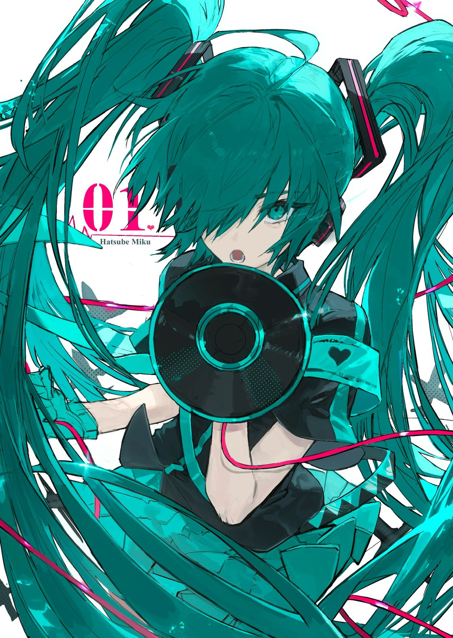 1girl ahoge aqua_armband aqua_dress aqua_eyes aqua_hair armband black_shirt character_name collared_shirt dress english_text engrish_text hair_over_one_eye hatsune_miku highres holding holding_megaphone kaiaik_(zheliakaina) koi_wa_sensou_(vocaloid) long_hair looking_at_viewer megaphone open_mouth ranguage shirt short_sleeves solo twintails very_long_hair vocaloid