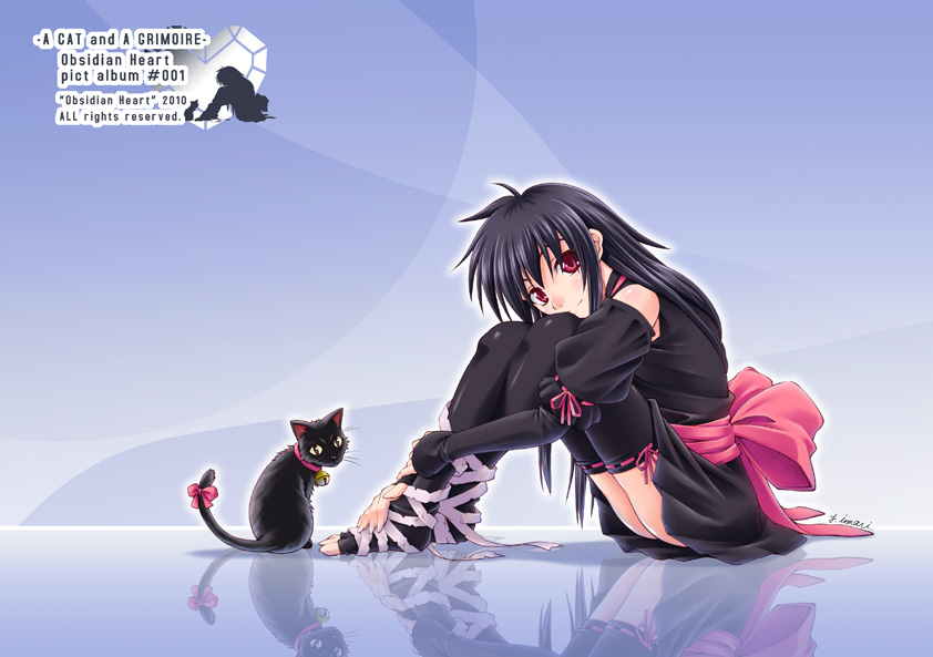 1girl bandages bell black_hair black_thighhighs bow cat collar copyright_notice dated detached_sleeves hugging_own_legs imari_(zugaikotsu_marudashi) jingle_bell long_hair red_eyes reflection ribbon signature sitting smile solo tail tail_ornament tail_ribbon thighhighs